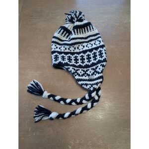 Calima Fair Isle Knit Trapper Hat with Tassels Pom Pom Navy ski alpaca